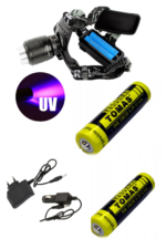 UV+LED Prožektorius ant galvos + 4vnt.  18650 Akumuliatoriai